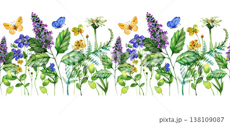 Seamless horizontal watercolor border of lush meadow wildflowers. Features daisies, lavender, yellow buttercups, various green leaves, and flying blue and yellow butterflies. Perfect for textile 138109087