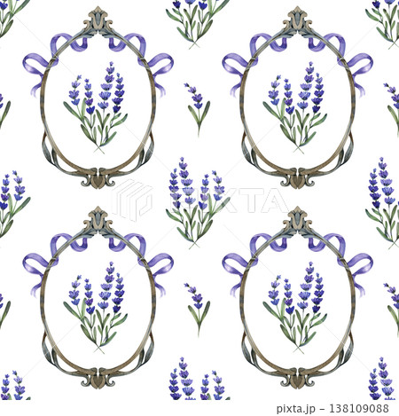 Seamless watercolor pattern with a repeating ornate vintage frame and a bouquet of lavender inside. Detailed hand drawn illustration with purple ribbons, ideal for textiles, wedding stationery and 138109088