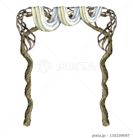 Rustic watercolor wedding arch crafted from twisted wood and lianas, elegantly draped with striped blue and cream fabric. This organic frame combines natural textures with soft textiles for a bohemian Rustic watercolor wedding arch crafted from twisted wood and lianas, elegantly draped with striped blue and cream fabric. This organic frame combines natural textures with soft textiles for a bohemian 138109097