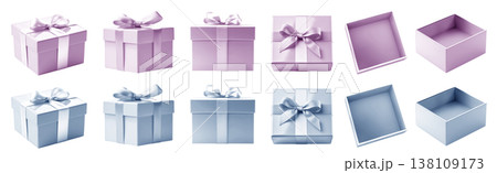 2 Set of pastel light blue purple gift present square box with bow ribbon on transparent cutout PNG file. Mockup template for artwork. open close top side flat lay view positions many different angle  138109173