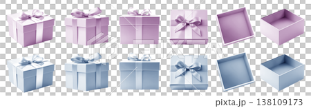 2 Set of pastel light blue purple gift present square box with bow ribbon on transparent cutout PNG file. Mockup template for artwork. open close top side flat lay view positions many different angle  138109173
