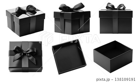 Set of black gift present square box with bow ribbon on transparent cutout PNG file. Mockup template for artwork. open close top side flat lay view positions many different angle  138109191