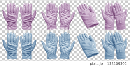 2 Set of pastel light blue purple leather hand gloves, front back and flat lay view on transparent cutout PNG file. Mockup template for artwork design 2 Set of pastel light blue purple leather hand gloves, front back and flat lay view on transparent cutout PNG file. Mockup template for artwork design 138109302