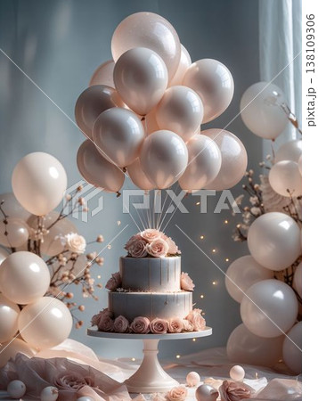 淡青の二段ローズケーキと、ローズゴールドバルーンが浮かぶ室内演出 138109306