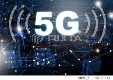 5G internet technology signals improved connection in urban landscape at night 138109715