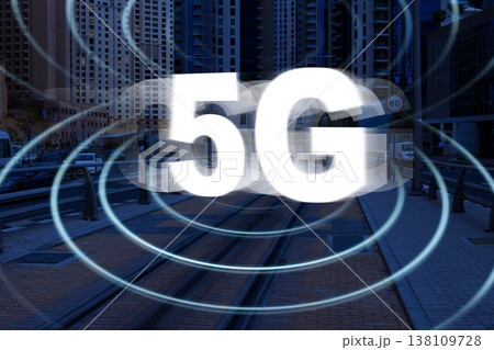 5G network signal waves over urban area with buildings and train tracks in the background 5G network signal waves over urban area with buildings and train tracks in the background 138109728