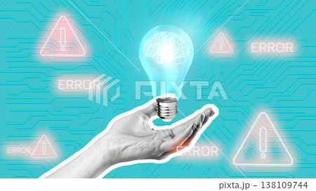 Light bulb in hand with brain symbol and error signs on blue background Light bulb in hand with brain symbol and error signs on blue background 138109744