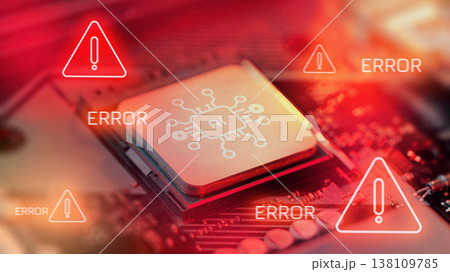Error messages show on AI processor with alert symbols and intense red backdrop 138109785