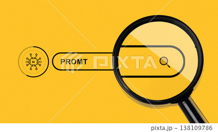 Searching for AI prompts using a magnifying glass on a yellow background in a digital setting Searching for AI prompts using a magnifying glass on a yellow background in a digital setting 138109786
