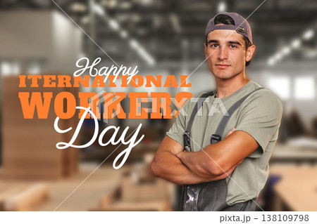 Celebration of International Workers Day on May 1 with a worker posing proudly 138109798