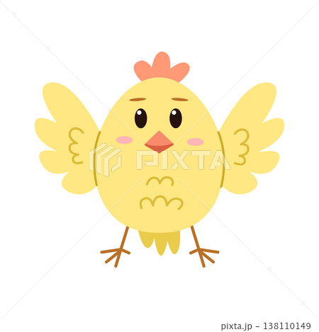 Cute cartoon little chicken is flapping its wings. Childish print for nursery, kids apparel, poster and postcard. Flat isolated vector illustration. 138110149