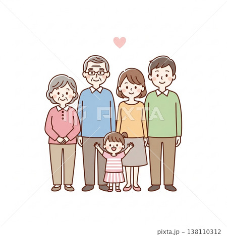 シンプルでかわいい三世代家族のイラスト　笑顔の日本人ファミリー　フラットデザイン・白背景 138110312