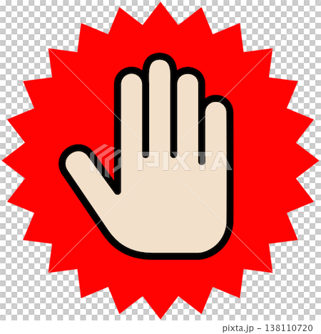 A palm and a red jagged circle as the stop sign. 138110720