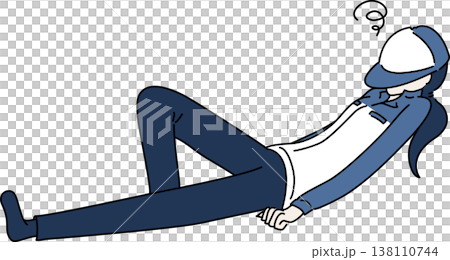 一幅插圖,描繪了一位身穿工作服的女性仰躺著;藍色制服。 一幅插圖,描繪了一位身穿工作服的女性仰躺著;藍色制服。 138110744