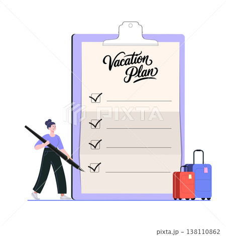 Woman Checking Vacation Plan on Giant Clipboard with Luggage	 138110862