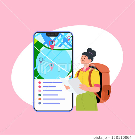 Woman Navigating with Paper Map and Digital Phone Display	 138110864