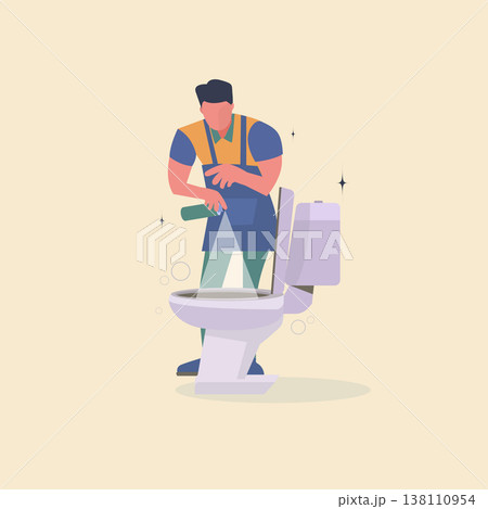Minimalist flat vector illustration of a professional cleaner disinfecting a toilet with spray, janitorial sanitation service concept isolated on a plain background. Minimalist flat vector illustration of a professional cleaner disinfecting a toilet with spray, janitorial sanitation service concept isolated on a plain background. 138110954