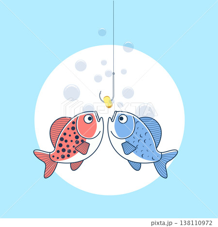 Two colorful fish swimming under water near fishing hook with bait, competition and nature concept, minimalist flat vector illustration with line shading. Two colorful fish swimming under water near fishing hook with bait, competition and nature concept, minimalist flat vector illustration with line shading. 138110972