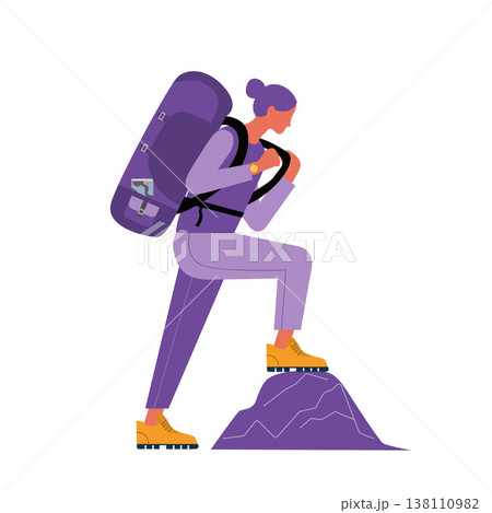 Flat vector illustration of a female hiker with a large purple backpack stepping onto a mountain peak, hiking and outdoor exploration concept. Flat vector illustration of a female hiker with a large purple backpack stepping onto a mountain peak, hiking and outdoor exploration concept. 138110982