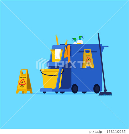 Professional cleaning service cart with equipment and supplies on blue background. Vector illustration in flat style on blue background. 138110985
