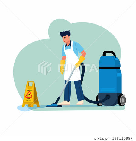 Minimalist flat vector illustration of a professional cleaner using an industrial vacuum machine with a yellow wet floor caution sign, commercial janitorial service concept. 138110987