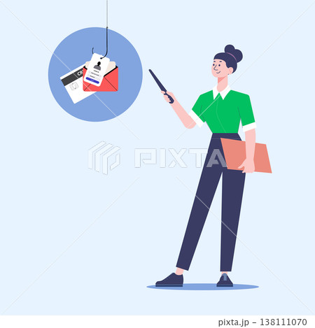Woman Pointing at Cybersecurity Threat with Phishing Icon	 138111070
