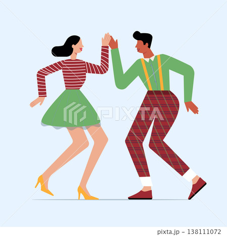 Minimalist Vector Illustration of a Dancing Couple in Retro Outfits Minimalist Vector Illustration of a Dancing Couple in Retro Outfits 138111072