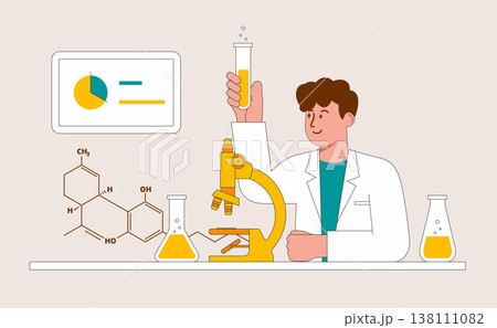Male scientist working in laboratory with microscope and test tubes, chemistry research and pharmaceutical development concept, minimalist flat vector illustration. Male scientist working in laboratory with microscope and test tubes, chemistry research and pharmaceutical development concept, minimalist flat vector illustration. 138111082