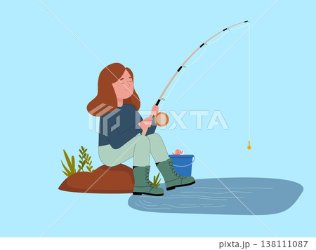 young woman with fishing rod, spinning equipment young woman with fishing rod, spinning equipment 138111087