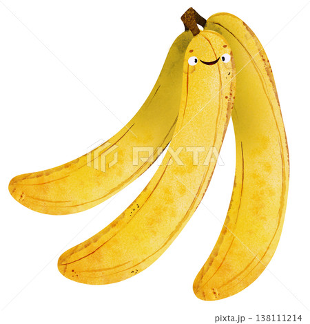 Cute banana with eyes and happy smile surrounded with more bananas. Playful watercolor, vibrant yellow tones. Perfect for kids food themes, healthy food themes, summer party Cute banana with eyes and happy smile surrounded with more bananas. Playful watercolor, vibrant yellow tones. Perfect for kids food themes, healthy food themes, summer party 138111214