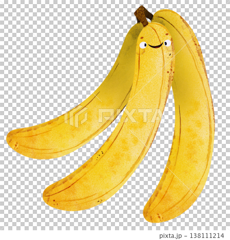 Cute banana with eyes and happy smile surrounded with more bananas. Playful watercolor, vibrant yellow tones. Perfect for kids food themes, healthy food themes, summer party Cute banana with eyes and happy smile surrounded with more bananas. Playful watercolor, vibrant yellow tones. Perfect for kids food themes, healthy food themes, summer party 138111214