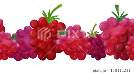 Seamless pattern border with raspberries. Simple and clean. Bright watercolor berries, playful summer vibe. Perfect for baby shower, kids textiles, fabric, gift wrap, invitations, healthy food themes Seamless pattern border with raspberries. Simple and clean. Bright watercolor berries, playful summer vibe. Perfect for baby shower, kids textiles, fabric, gift wrap, invitations, healthy food themes 138111231