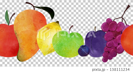 Seamless pattern of rainbow colorful watercolor mixed fruits: red apple, mango, lemon, green apple, blueberry, plum, grapes and orange. For kids textiles, wallpaper, fabric, healthy food themes 138111234