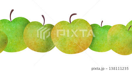 Seamless pattern border with green apples. Simple and clean. Bright watercolor fruits, playful summer vibe. Perfect for baby shower, kids textiles, fabric, gift wrap, invitations, healthy food themes Seamless pattern border with green apples. Simple and clean. Bright watercolor fruits, playful summer vibe. Perfect for baby shower, kids textiles, fabric, gift wrap, invitations, healthy food themes 138111235