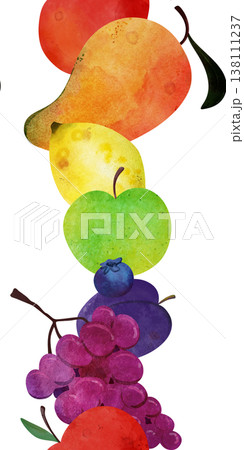 Seamless pattern of rainbow colorful watercolor mixed fruits: red apple, mango, lemon, green apple, blueberry, plum, grapes and orange. For kids textiles, wallpaper, fabric, healthy food themes 138111237