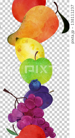 Seamless pattern of rainbow colorful watercolor mixed fruits: red apple, mango, lemon, green apple, blueberry, plum, grapes and orange. For kids textiles, wallpaper, fabric, healthy food themes 138111237