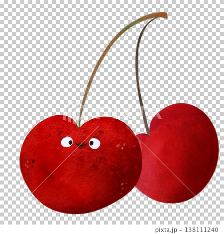 Cute cherry with eyes and happy smile with another cherry. Playful watercolor, vibrant red tones, playful summer vibe. Perfect for kids food themes, healthy food themes, summer party Cute cherry with eyes and happy smile with another cherry. Playful watercolor, vibrant red tones, playful summer vibe. Perfect for kids food themes, healthy food themes, summer party 138111240