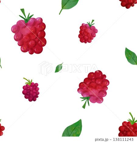 Seamless pattern with raspberries and green leaves. Bright watercolor berries, playful summer vibe. Perfect for baby shower, kids textiles, fabric, gift wrap, invitations, healthy food themes. 138111243