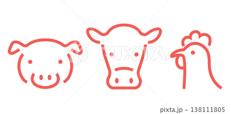 豚と牛と鶏のシンプルな顔線画イラスト 豚と牛と鶏のシンプルな顔線画イラスト 138111805