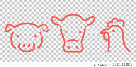 豚と牛と鶏のシンプルな顔線画イラスト 豚と牛と鶏のシンプルな顔線画イラスト 138111805