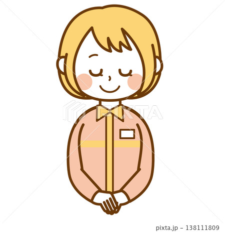 お辞儀をしているコンビニの制服を着た女性店員のイラスト お辞儀をしているコンビニの制服を着た女性店員のイラスト 138111809