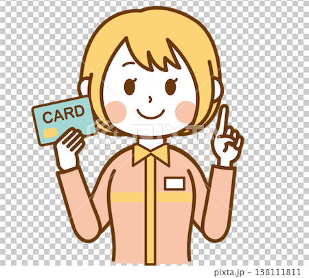 插圖描繪了一位身穿制服的便利商店女店員，她手持卡片，正在解釋某些事情。 138111811