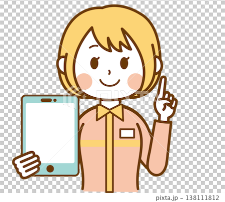 插圖描繪了一位身穿制服的便利商店女店員正在用平板電腦講解某些內容。 138111812