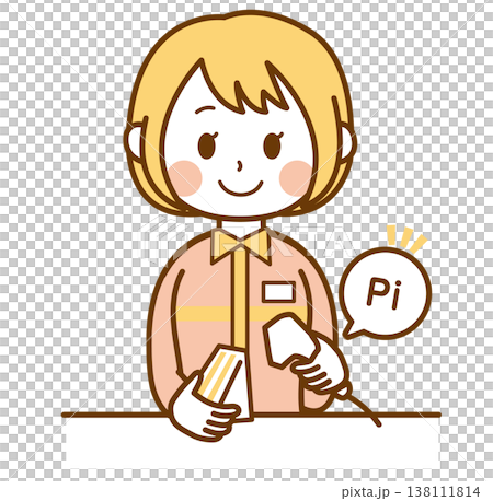 插圖描繪了一位身穿制服的便利商店女店員在收銀台付款。 138111814