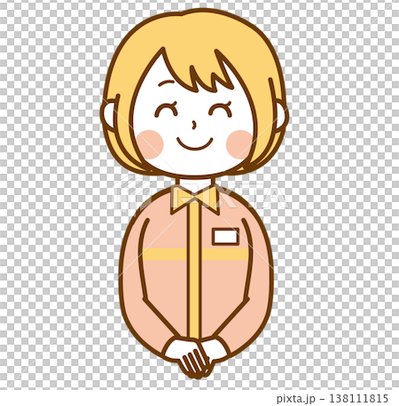 An illustration of a female convenience store clerk in a uniform smiling while serving customers. 138111815