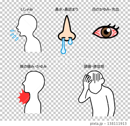 花粉症や風邪の主な症状まとめ：くしゃみ・鼻水・目のかゆみ・喉の痛みなどのインフォグラフィック 138111913