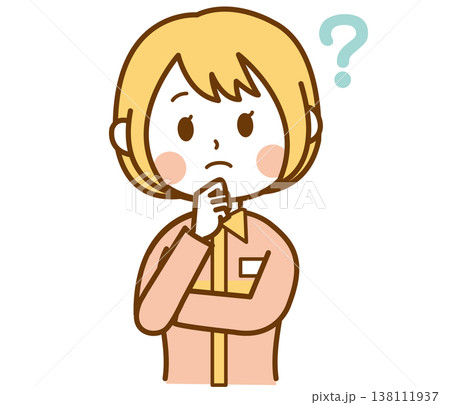 頭にはてなマークを浮かべているコンビニの制服を着た女性店員のイラスト 頭にはてなマークを浮かべているコンビニの制服を着た女性店員のイラスト 138111937