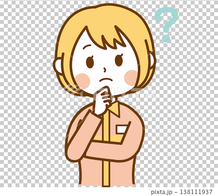 頭にはてなマークを浮かべているコンビニの制服を着た女性店員のイラスト 頭にはてなマークを浮かべているコンビニの制服を着た女性店員のイラスト 138111937