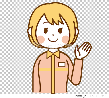 An illustration of a female convenience store clerk wearing a uniform, pointing towards the store. An illustration of a female convenience store clerk wearing a uniform, pointing towards the store. 138111938