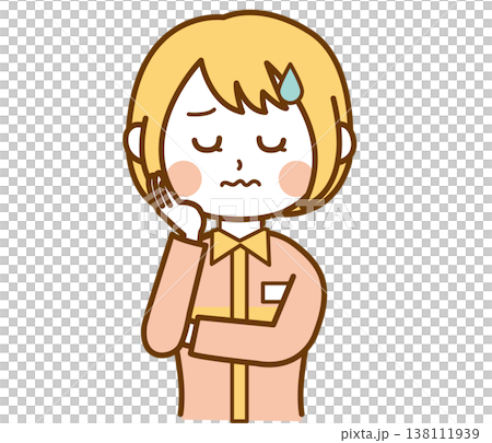 An illustration of a female convenience store clerk in a uniform with a troubled expression. An illustration of a female convenience store clerk in a uniform with a troubled expression. 138111939